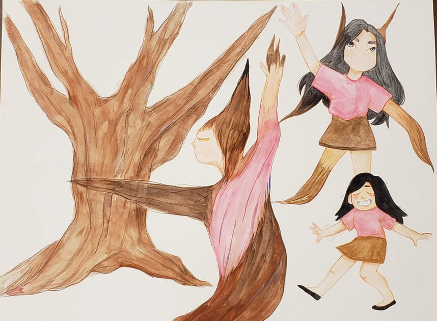 Tree to Girl, Watercolor and Colored Pencil